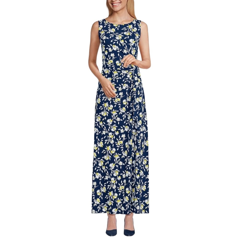 NWT Lands' End Deep Sea Navy & White Floral Side Tie Maxi Dress L‎